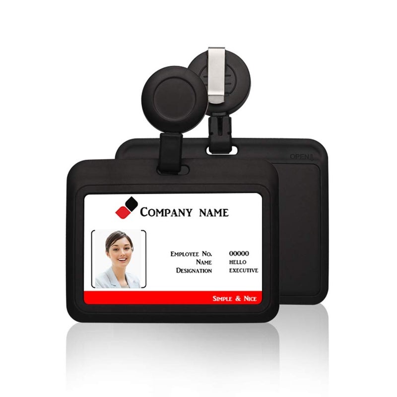 Hicycle2 ID Badge Holder Case Horizontal with Reel Clip Retractable Heavy Duty Credit Card Business Card Office Supplies (Black) - Image 1